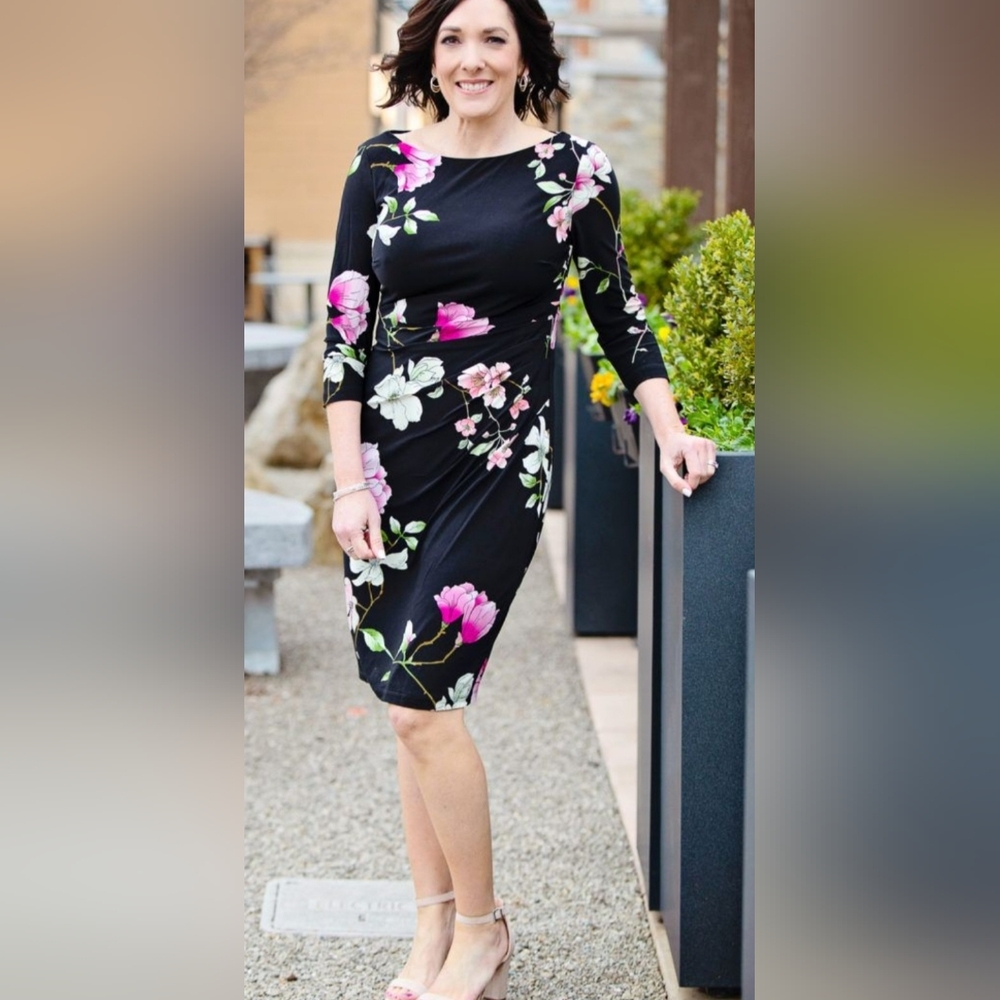 Chaps Black Dress with Pink Floral Design